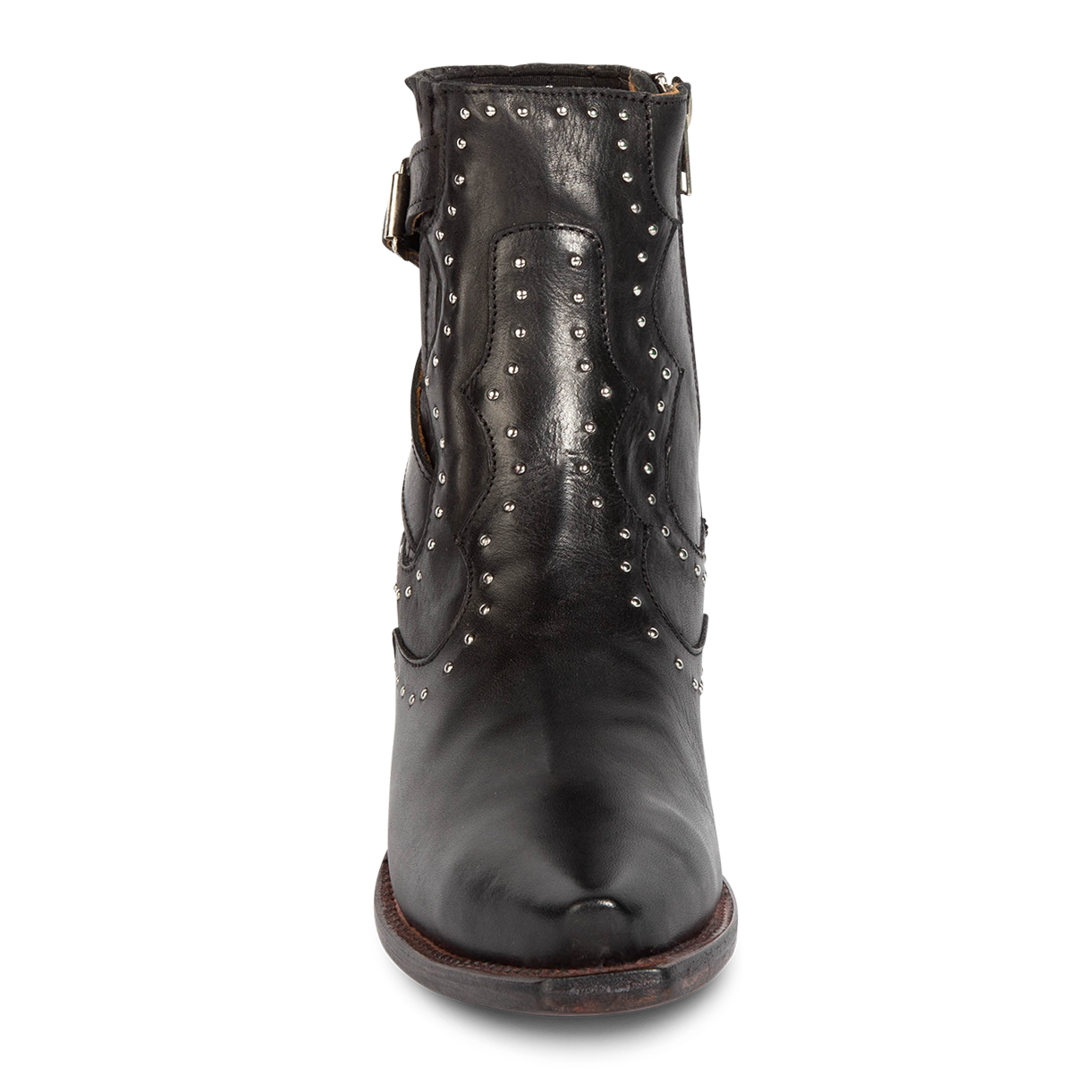 Front view showing pointed snip toe on FREEBIRD women's Morgan black leather ankle bootie