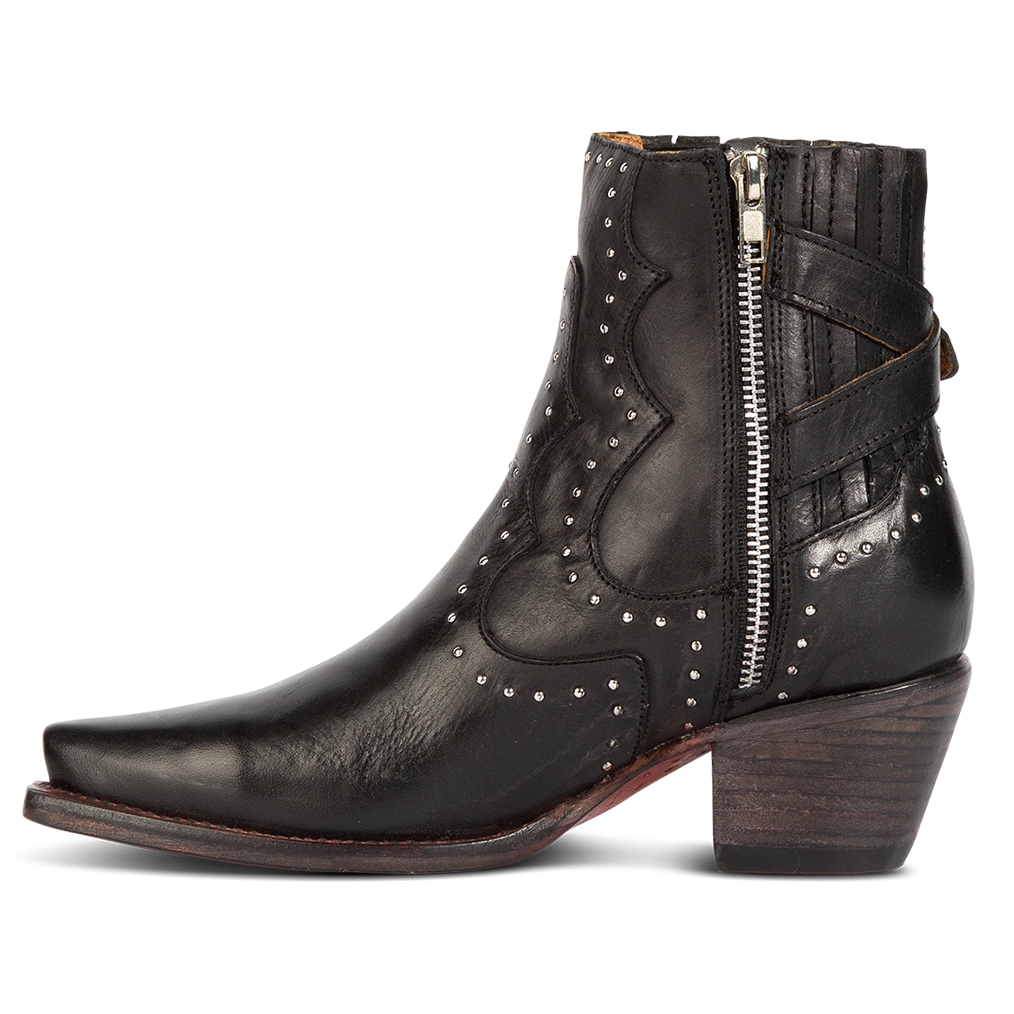 Inside view showing silver studs and inside zipper on FREEBIRD women's Morgan black leather ankle bootie