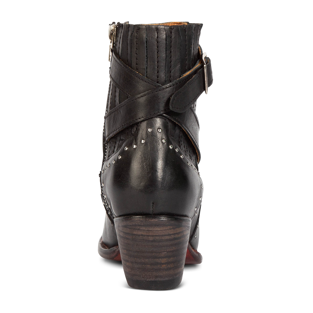 Back view showing wooden heel, gore detailing, and buckle straps on FREEBIRD women's Morgan black leather ankle bootie