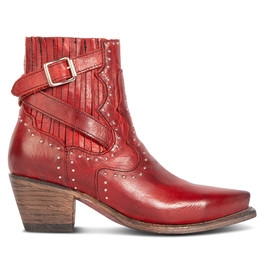 FREEBIRD women's Morgan red leather ankle bootie with silver stud embellishments, gore detailing, and buckle straps