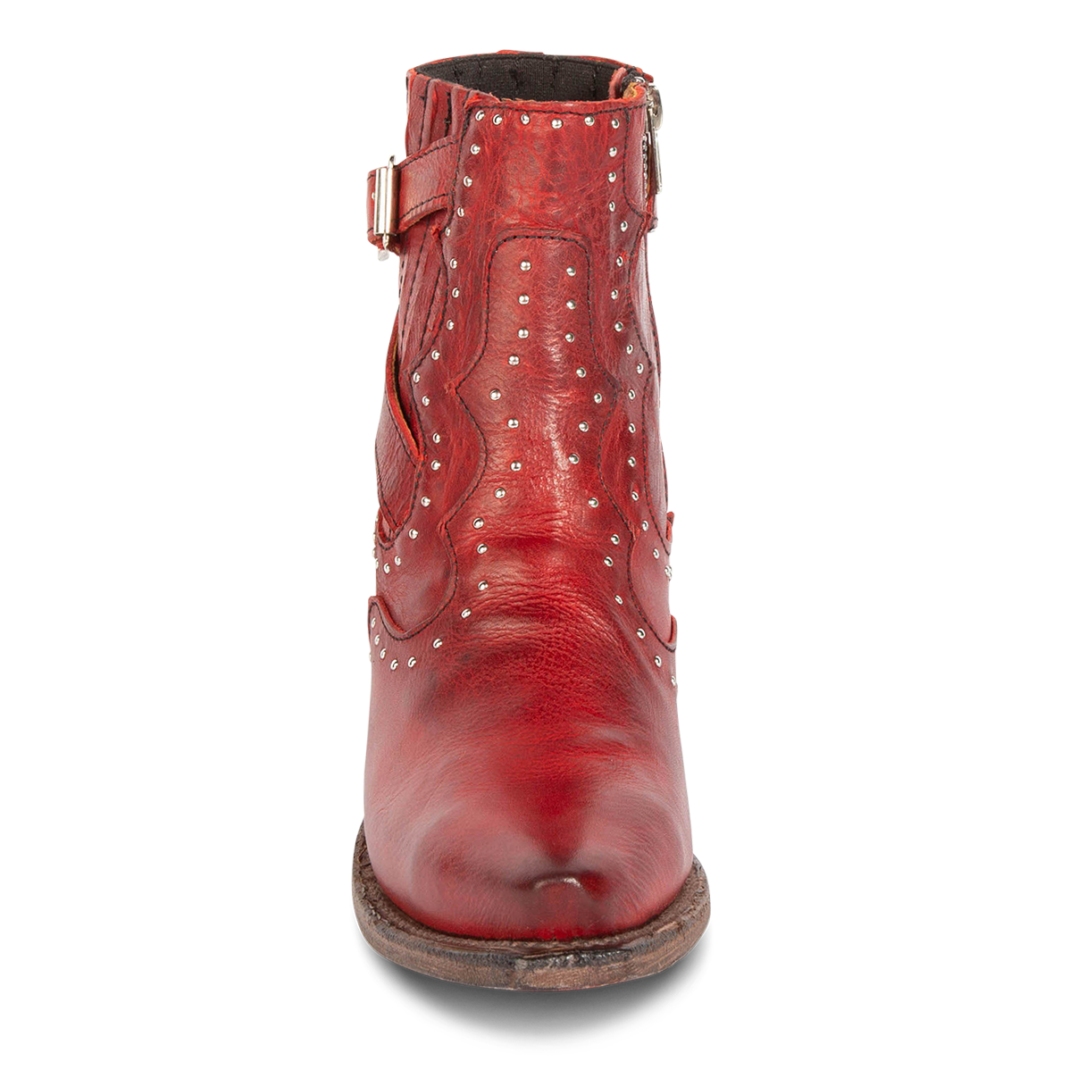 Front view showing pointed snip toe on FREEBIRD women's Morgan red leather ankle bootie