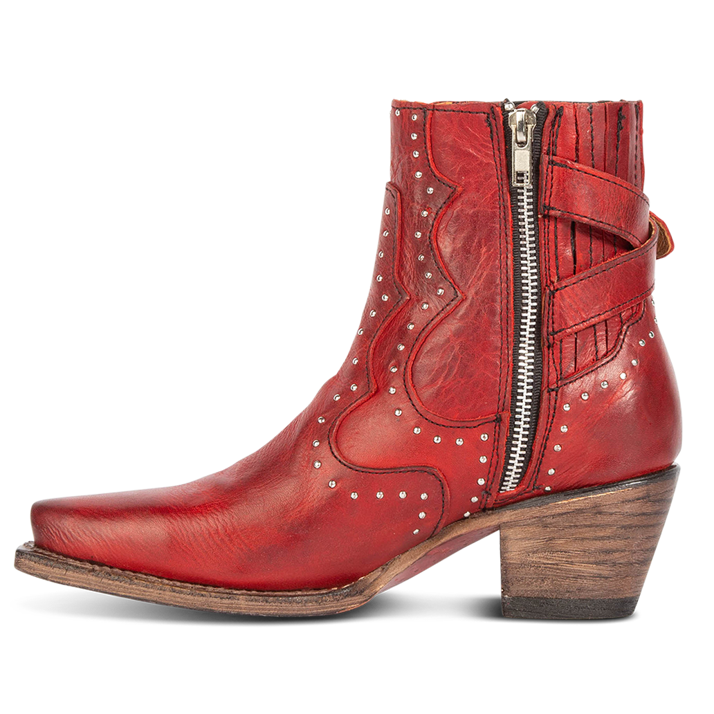 Inside view showing silver studs and inside zipper on FREEBIRD women's Morgan red leather ankle bootie