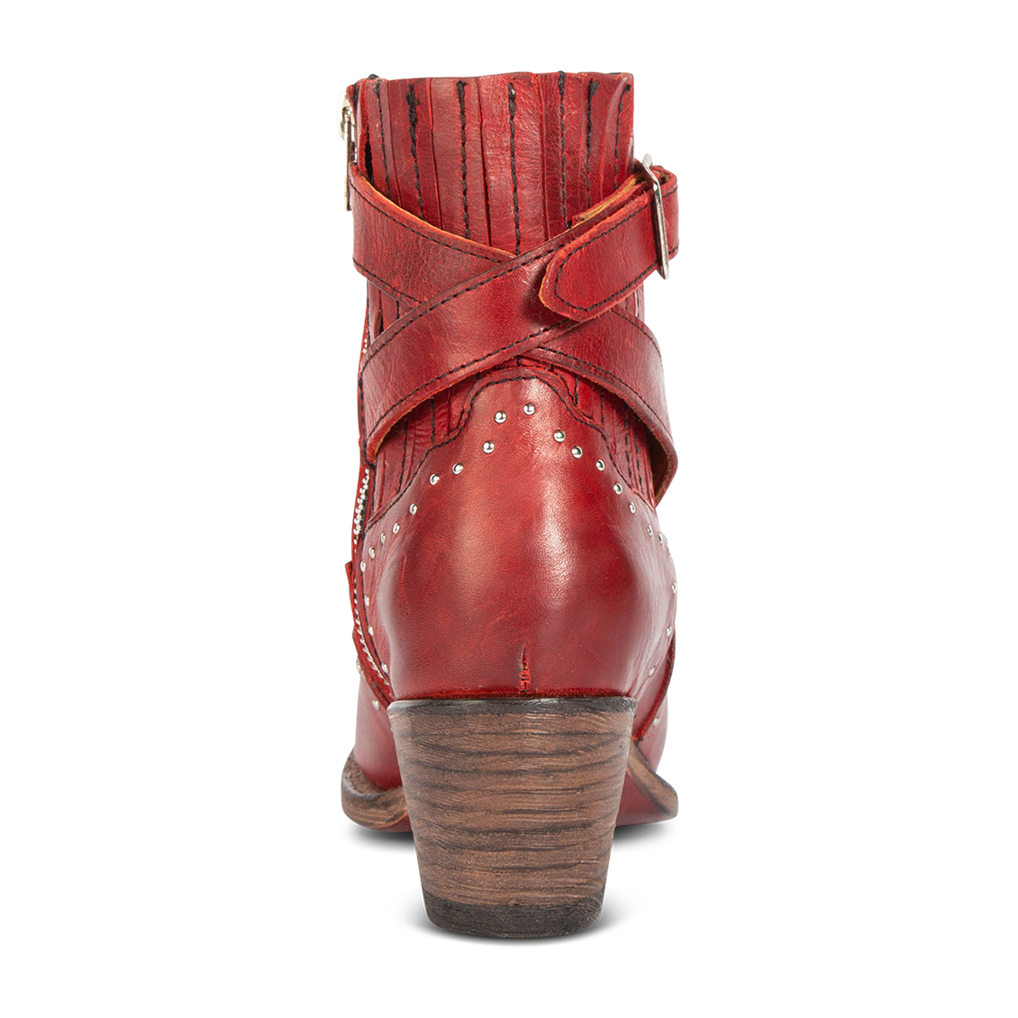 Back view showing wooden heel, gore detailing, and buckle straps on FREEBIRD women's Morgan red leather ankle bootie