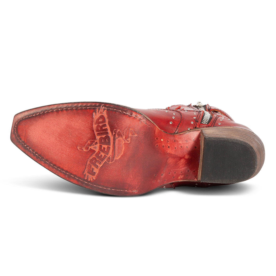Leather sole imprinted with FREEBIRD on women's Morgan red leather ankle bootie