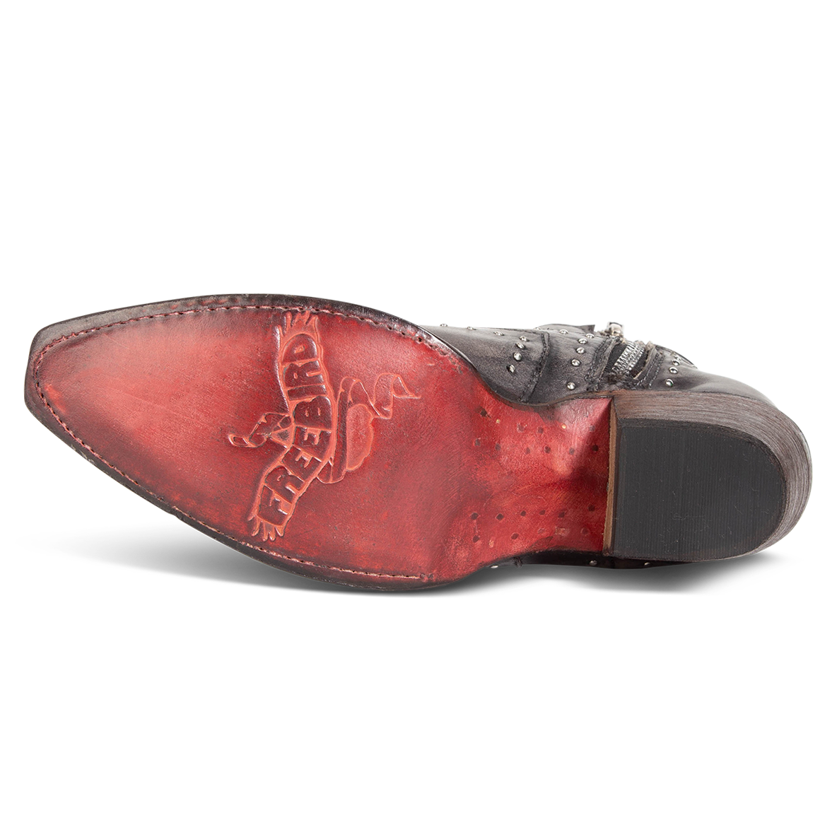 Leather sole imprinted with FREEBIRD on women's Morgan stone leather ankle bootie