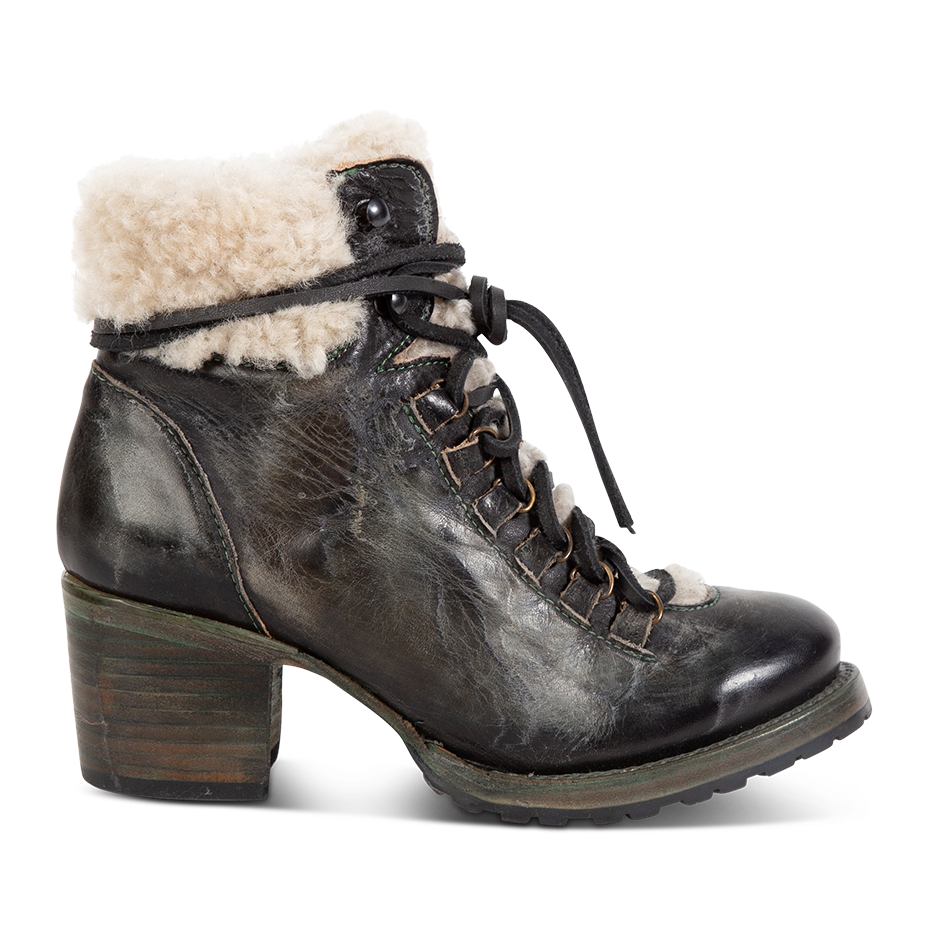 FREEBIRD women's Norway olive shearling lined heeled rubber tread sole lace up bootie