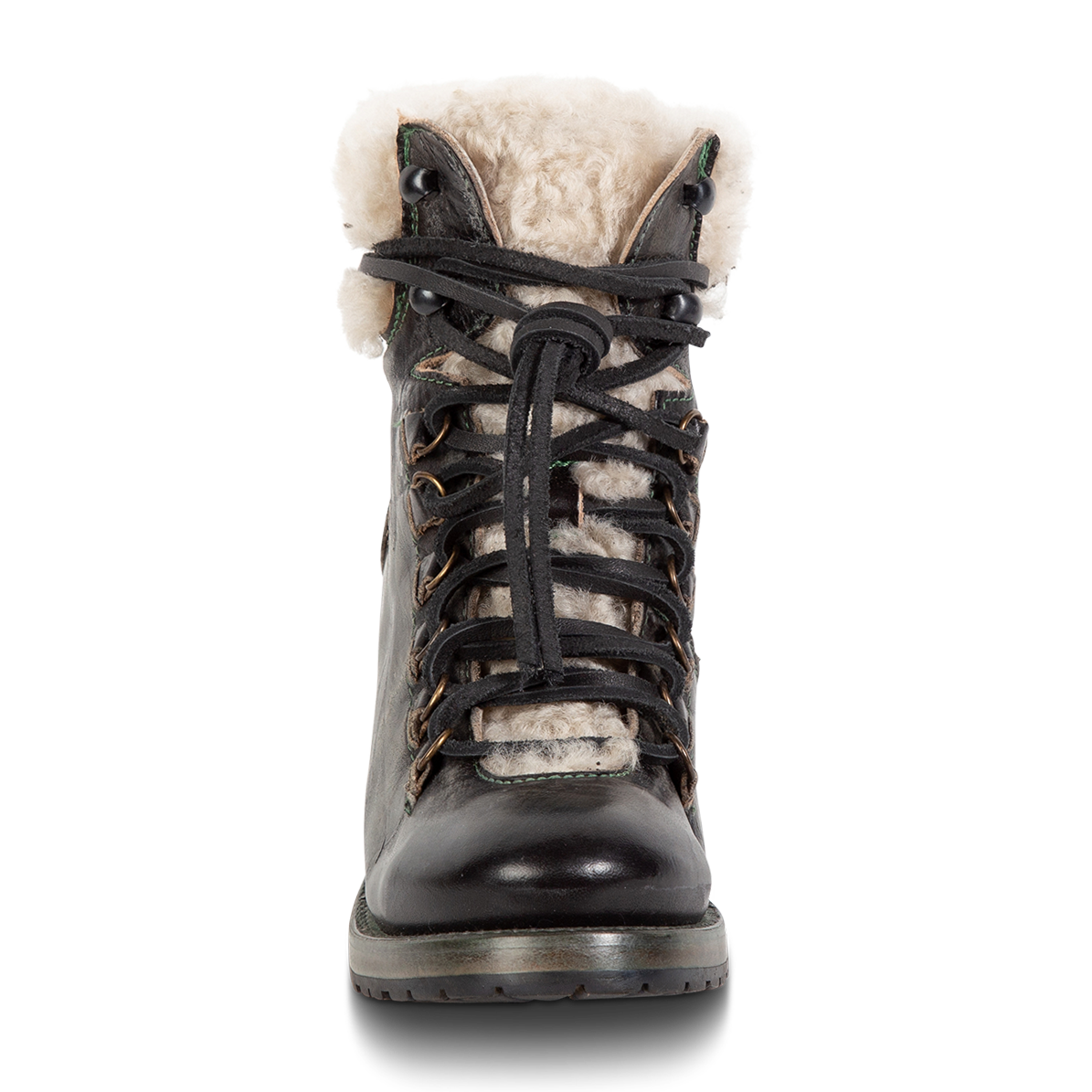Front view showing shearling tongue and leather lace closure on FREEBIRD women's Norway olive leather bootie