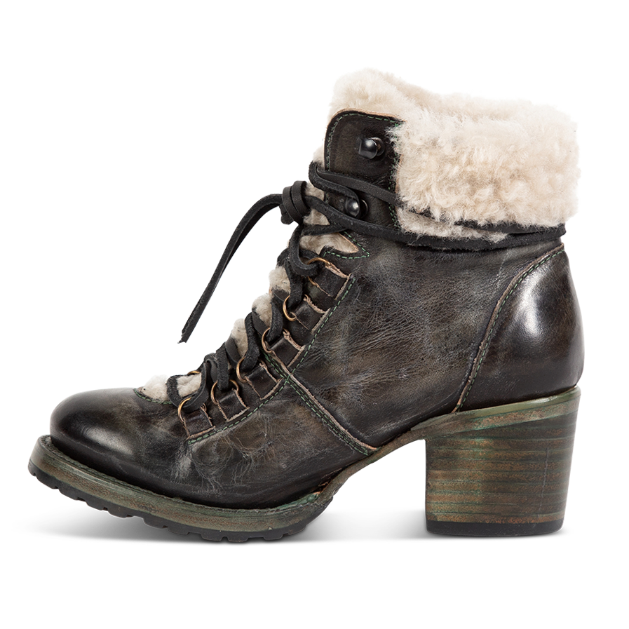 Inside view showing shearling ankle trim and wrap around leather lacing on FREEBIRD women's Norway olive leather bootie