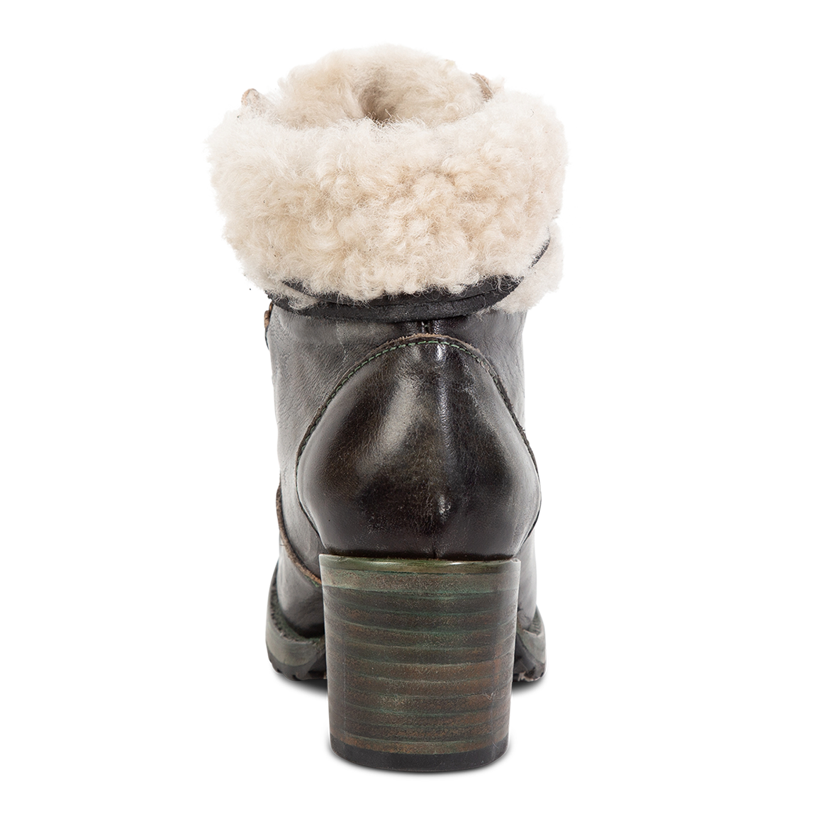 Back view showing shearling ankle trim and heel on FREEBIRD women's Norway olive leather bootie