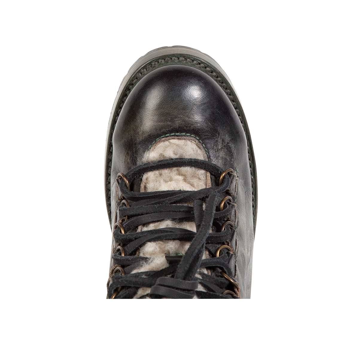 Top view showing round toe and shearling tongue on FREEBIRD women's Norway olive leather bootie