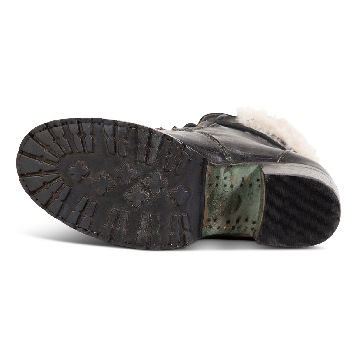 Rubber tread sole imprinted with FREEBIRD on women's Norway olive leather bootie