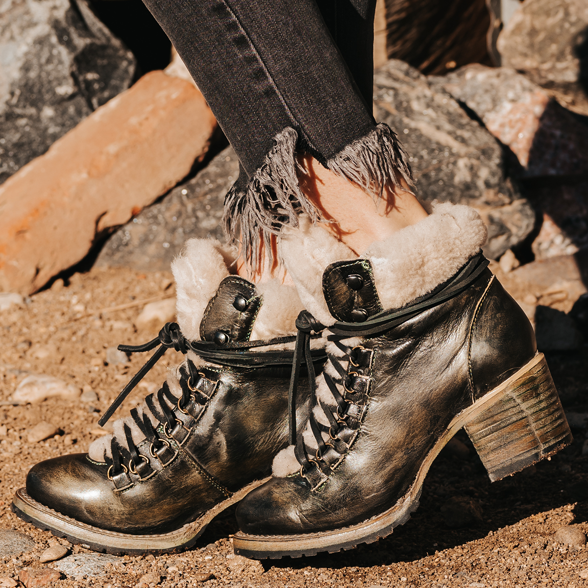 FREEBIRD women's Norway olive shearling lined heeled rubber tread sole lace up bootie