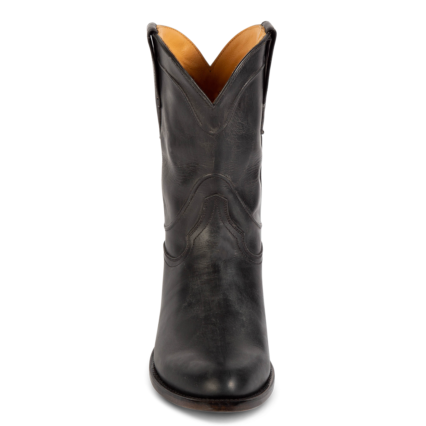 Front view showing leather detailing on shaft on FREEBIRD men's Outlaw black boot