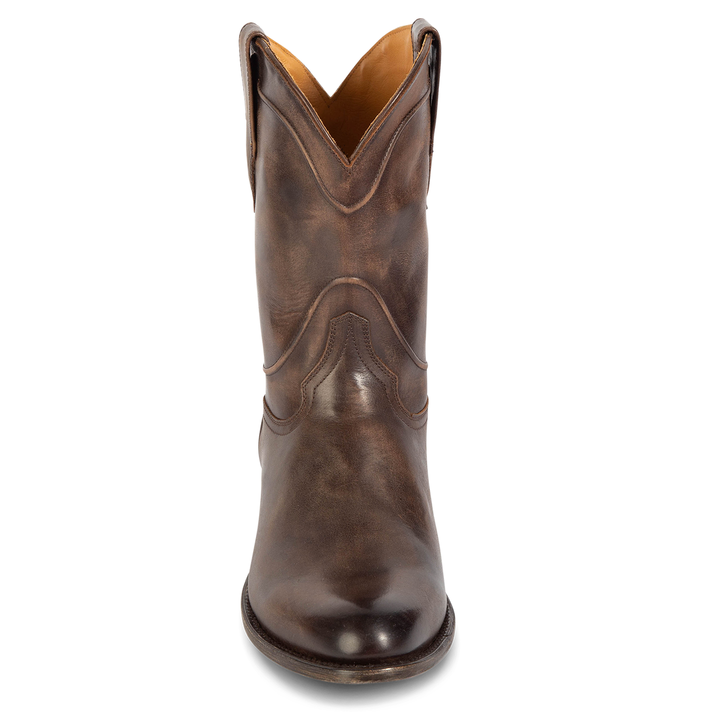 Front view showing leather detailing on shaft on FREEBIRD men's Outlaw brown distressed boot