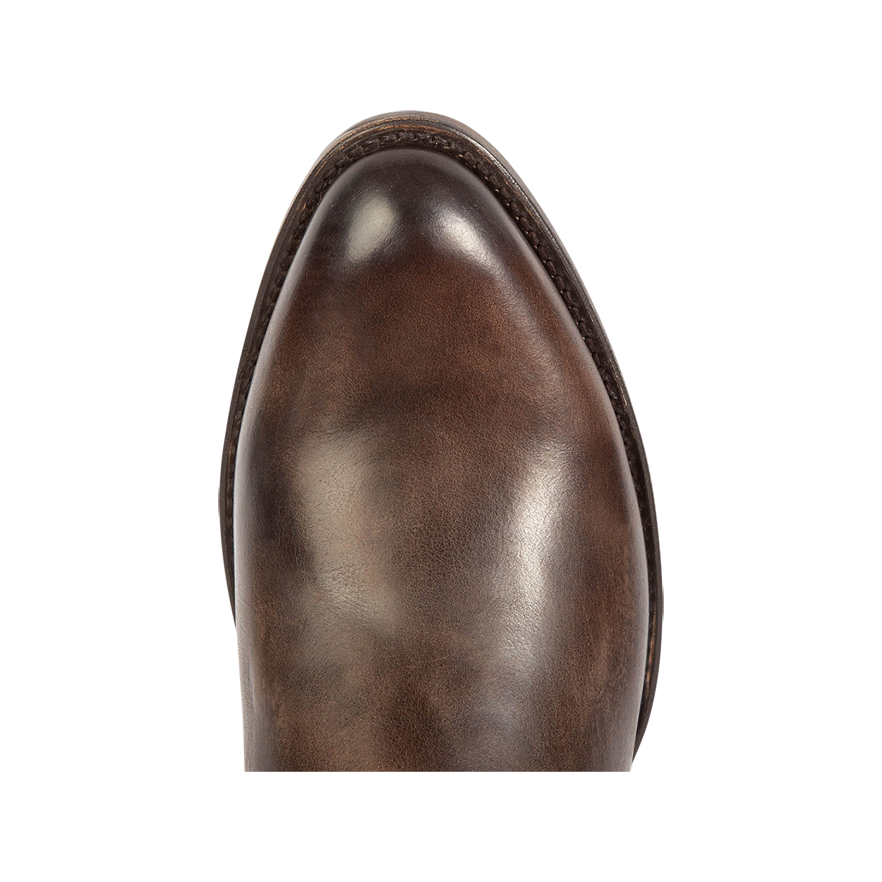 Top view showing traditional toe shape on FREEBIRD men's Outlaw brown distressed boot