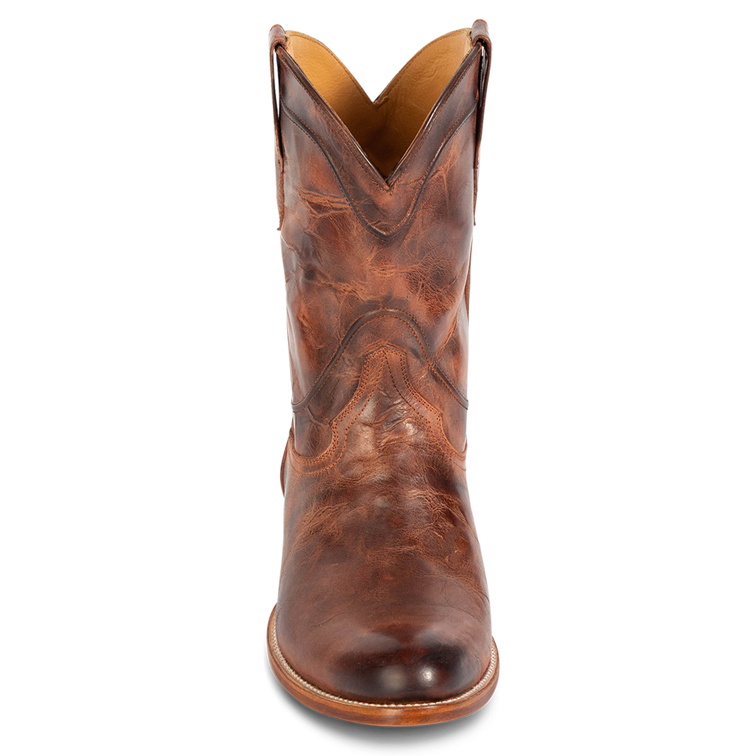 Front view showing leather detailing on shaft on FREEBIRD men's Outlaw rust boot