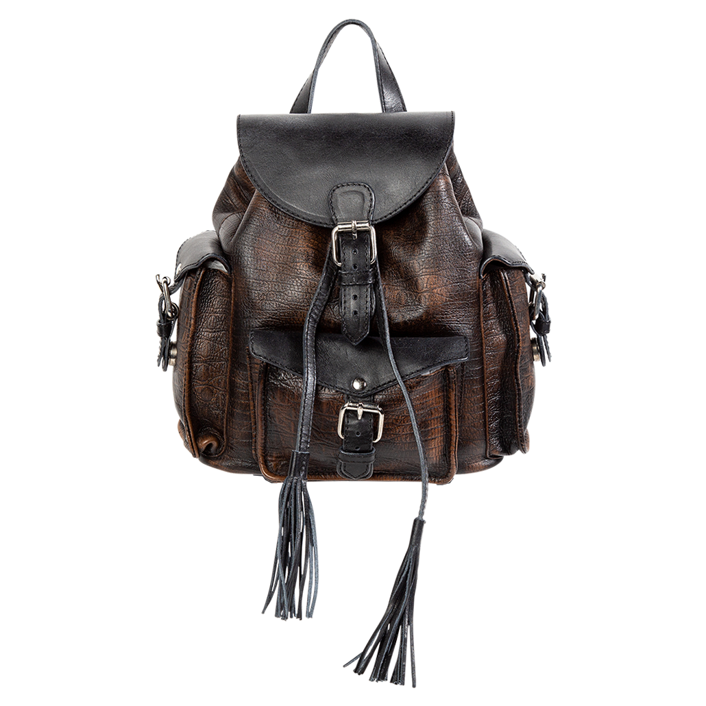 FREEBIRD Brett brown distressed embossed leather backpack with working exterior pockets and drawstring closure