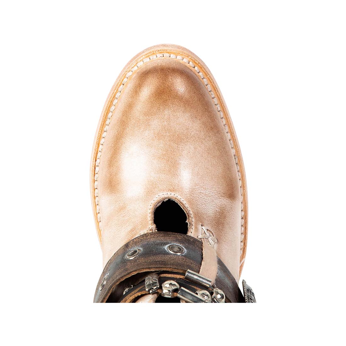 Top view showing almond toe on FREEBIRD women's Saloon taupe bootie