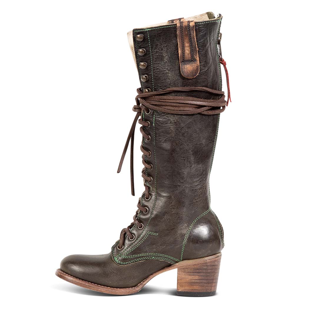 Inside view showing accent pull strap and wrap around leather laces on FREEBIRD women's Grany olive tall boot