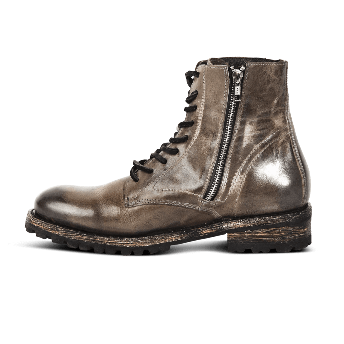 Inside view showing zip closure on FREEBIRD men's Jax stone leather lace up boot