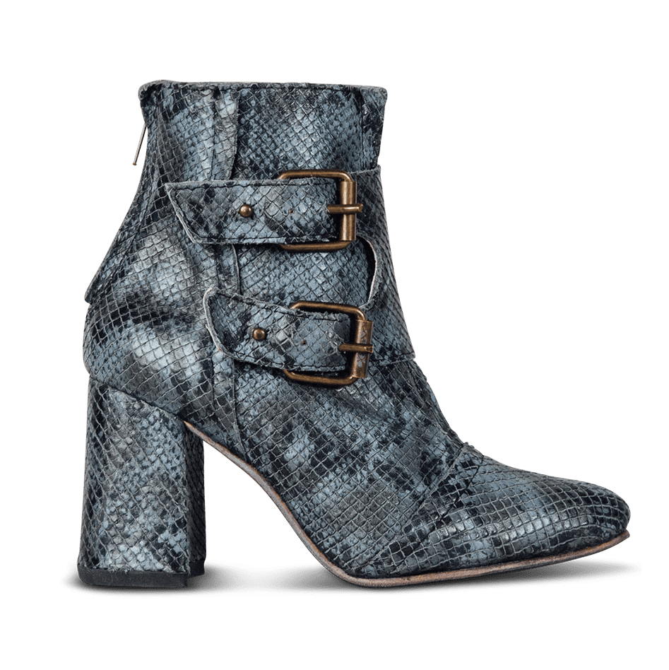 FREEBIRD women's Joey blue multi embossed leather bootie with flare heel and brass buckles