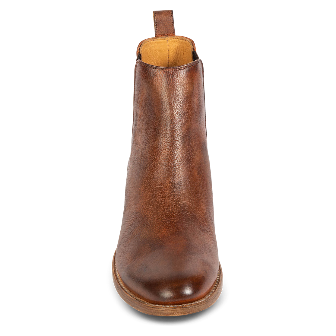 Front view showing back leather pull strap on FREEBIRD men's Palmer brown low heeled ankle boot 