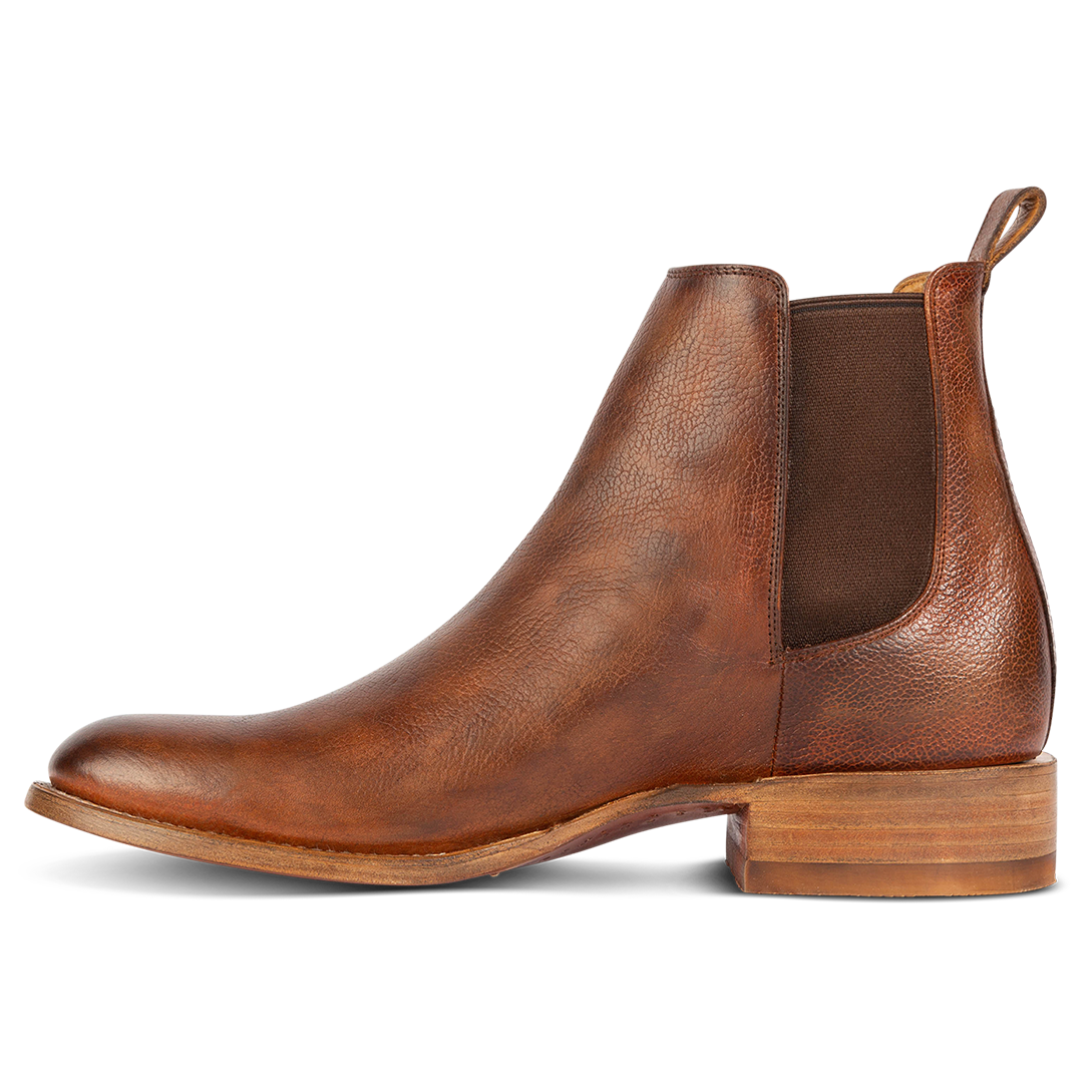 Inside view showing gore detailing on FREEBIRD men's Palmer brown low heeled ankle boot 