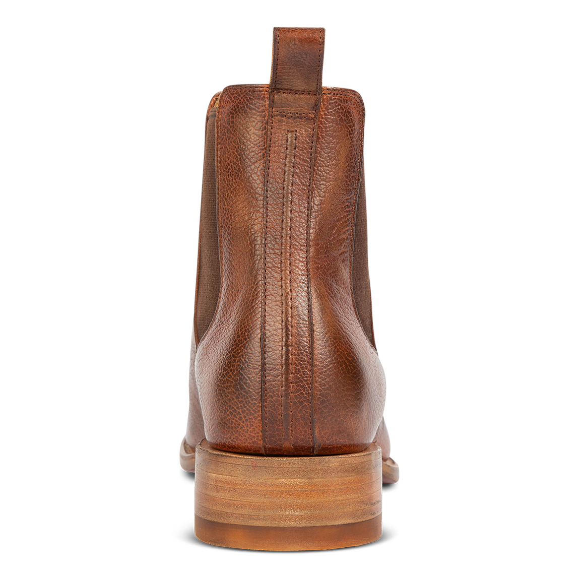 Back view showing stitch detailing and back leather pull strap on FREEBIRD men's Palmer brown low heeled ankle boot 