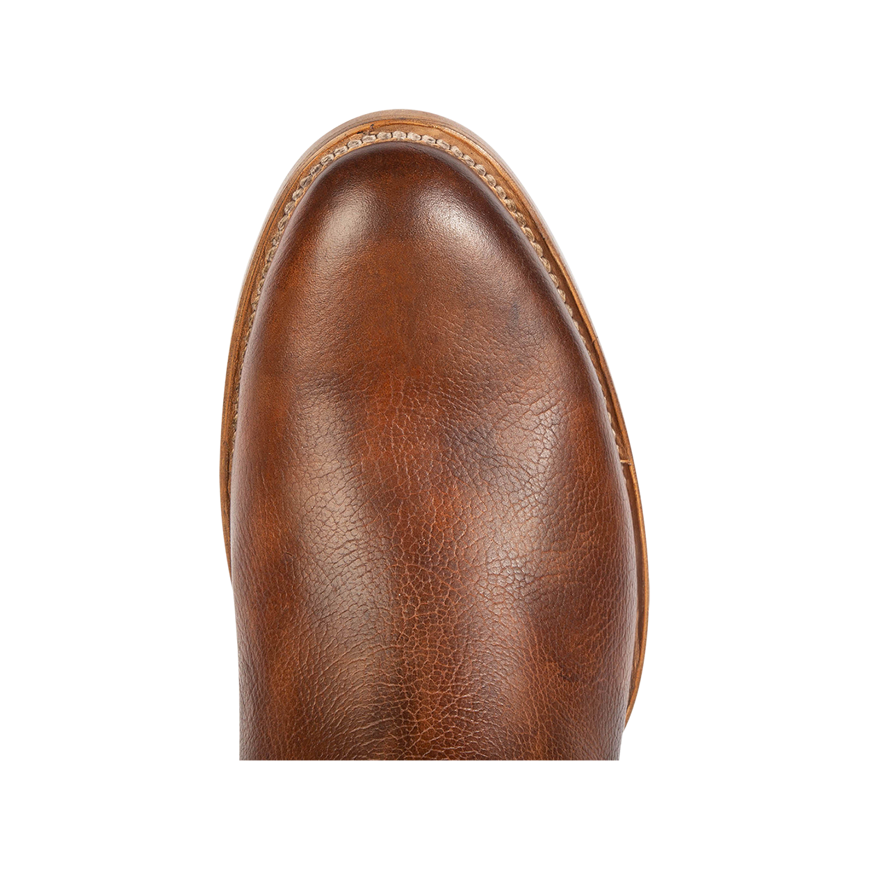 Top view showing almond toe on FREEBIRD men's Palmer brown low heeled ankle boot 