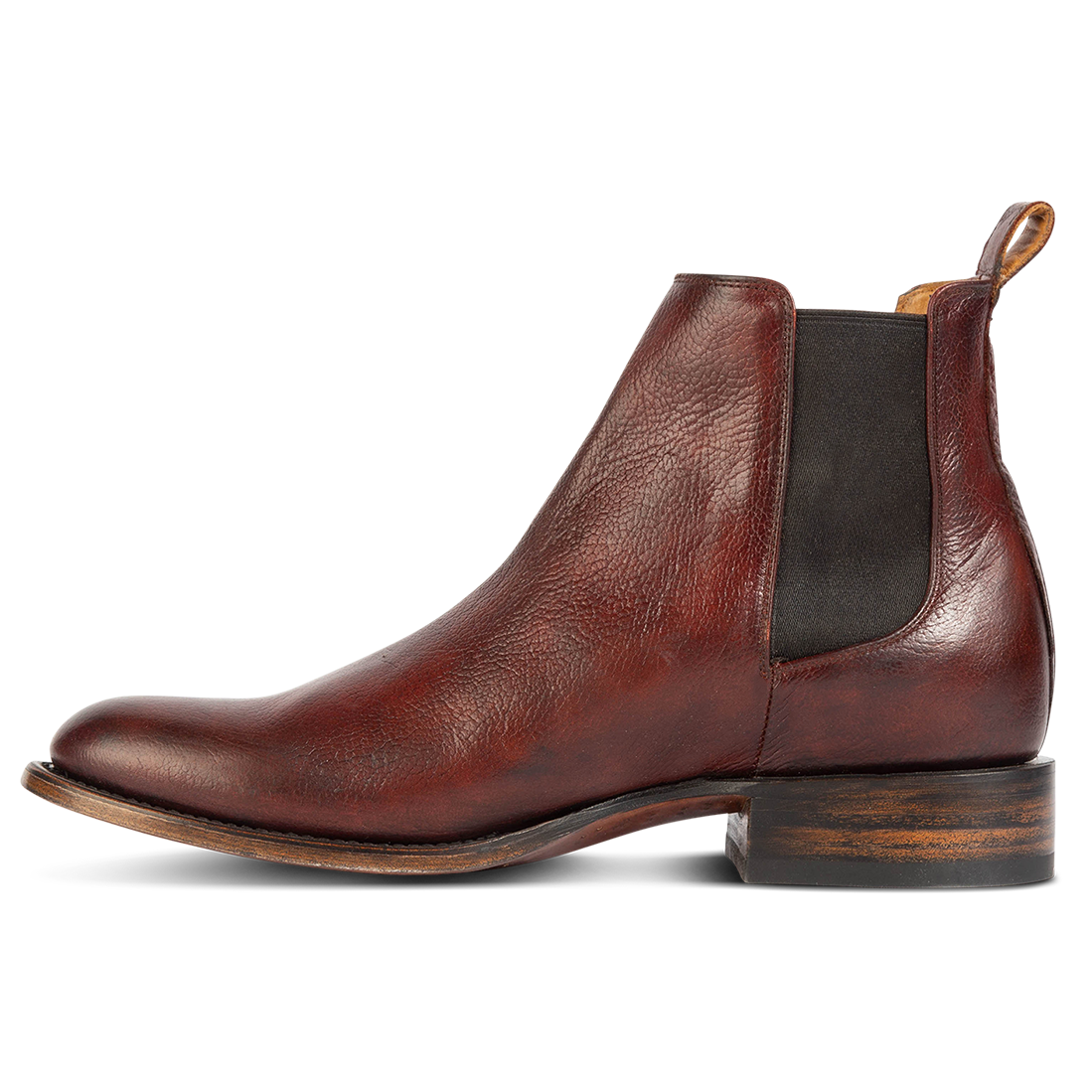 Inside view showing gore detailing on FREEBIRD men's Palmer rust low heeled ankle boot 