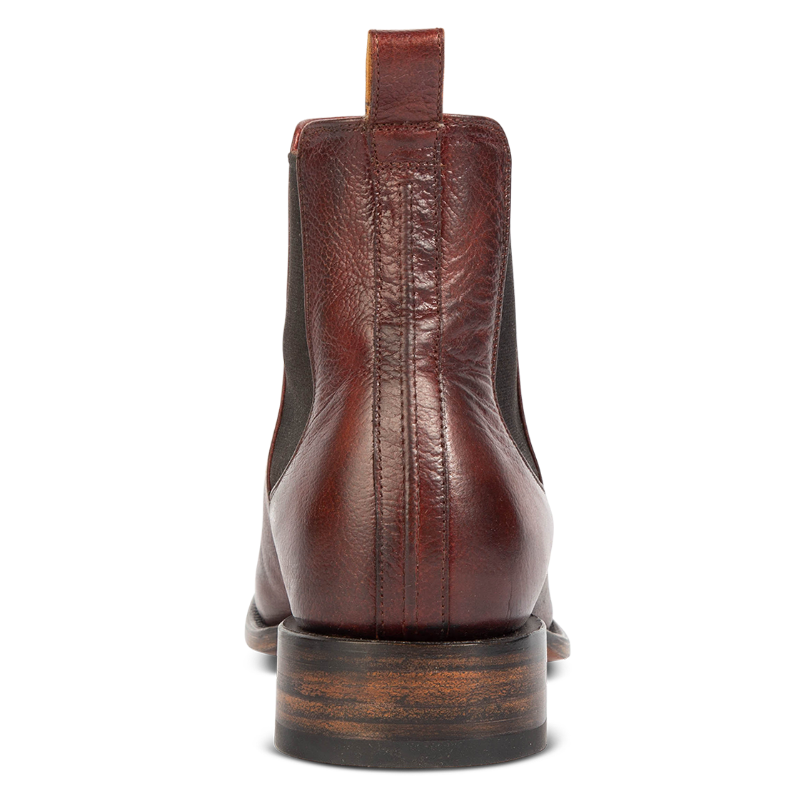 Back view showing stitch detailing and back leather pull strap on FREEBIRD men's Palmer rust low heeled ankle boot 