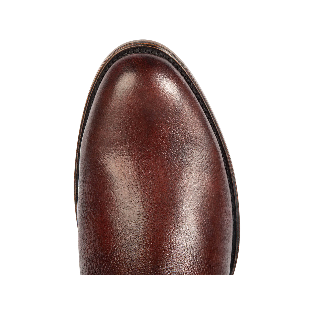 Top view showing almond toe on FREEBIRD men's Palmer rust low heeled ankle boot 