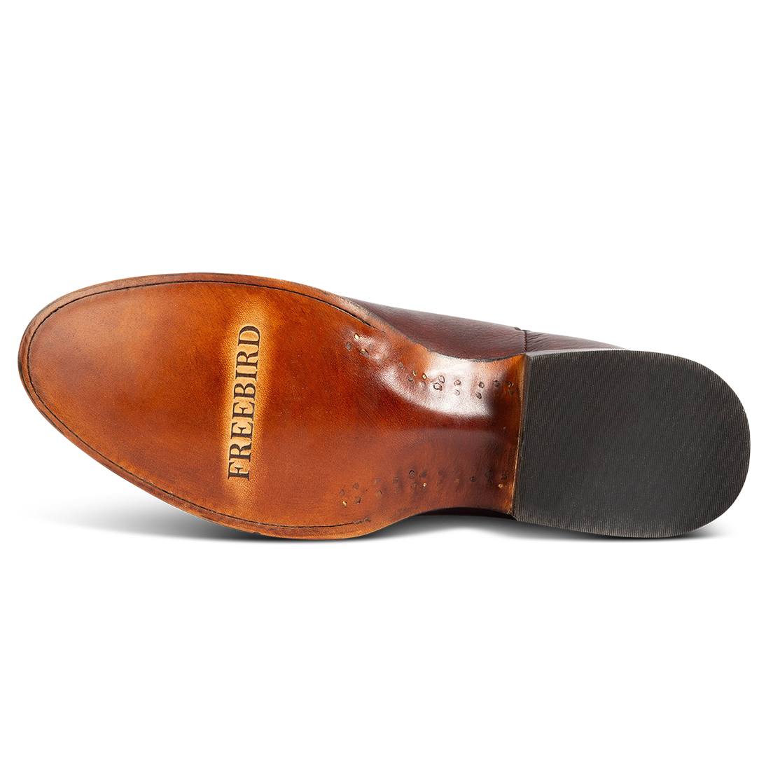 Leather imprinted sole with FREEBIRD on men's Palmer rust low heeled ankle boot 