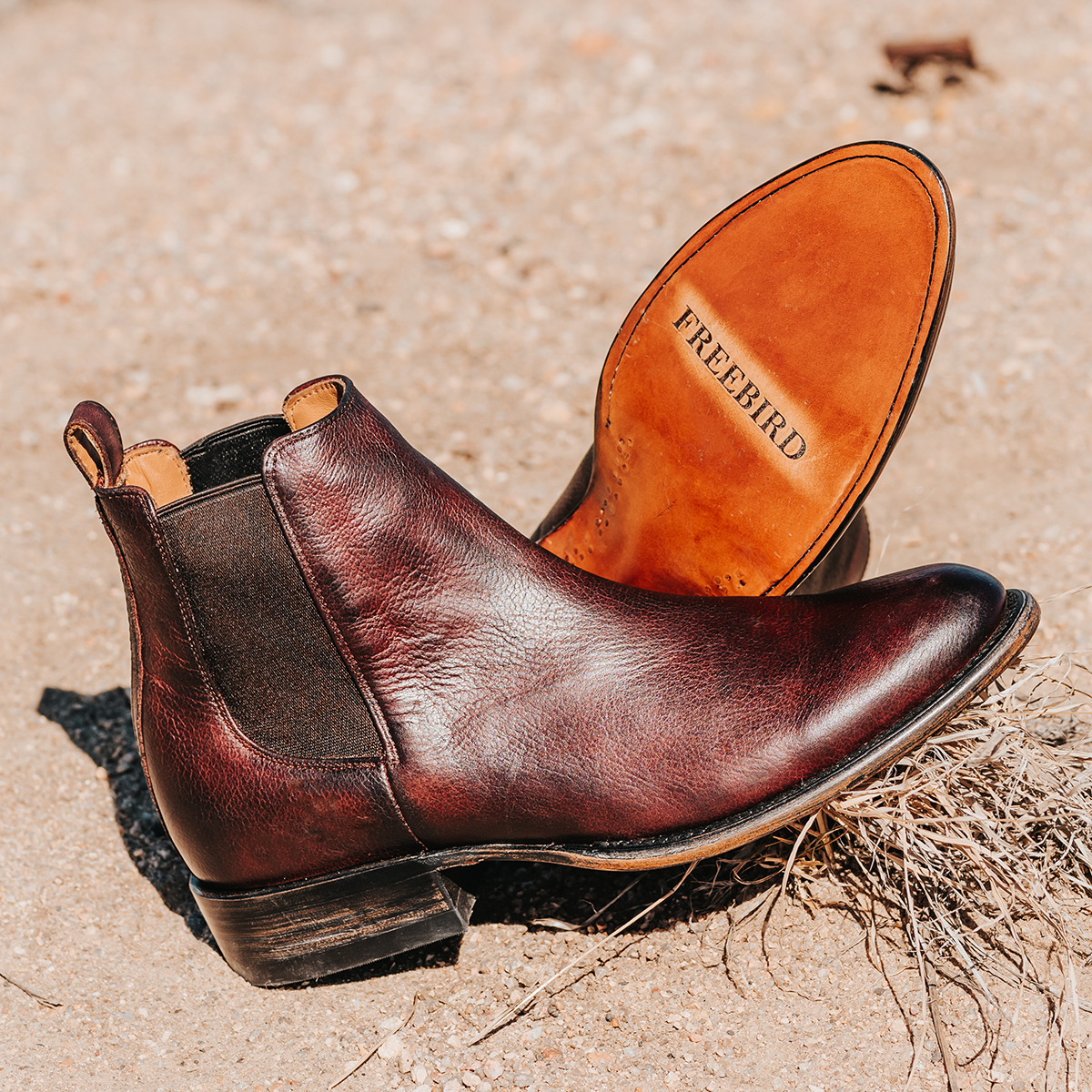 FREEBIRD men's Palmer rust leather almond toe back leather pull strap ankle boot lifestyle