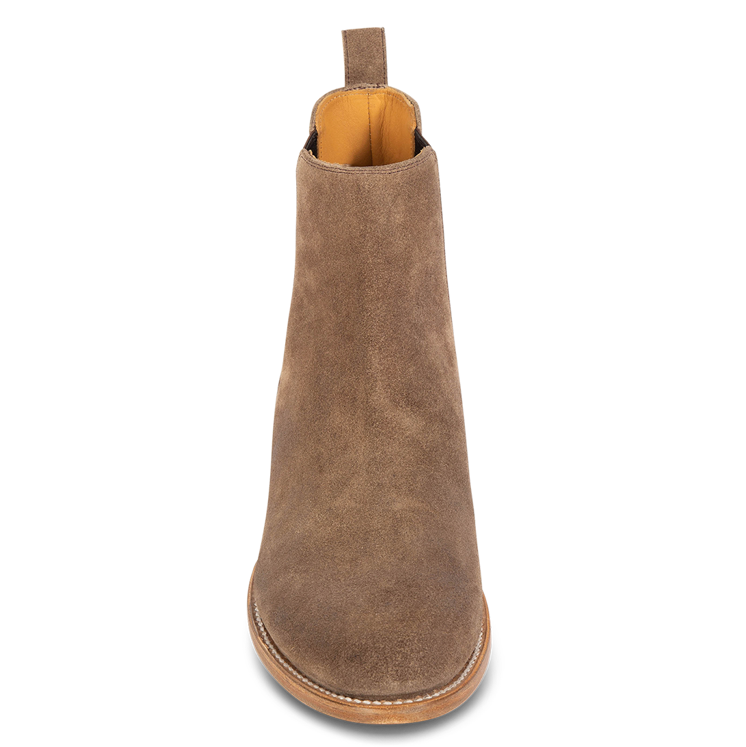 Front view showing back suede pull strap on FREEBIRD men's Palmer taupe suede low heeled ankle boot 