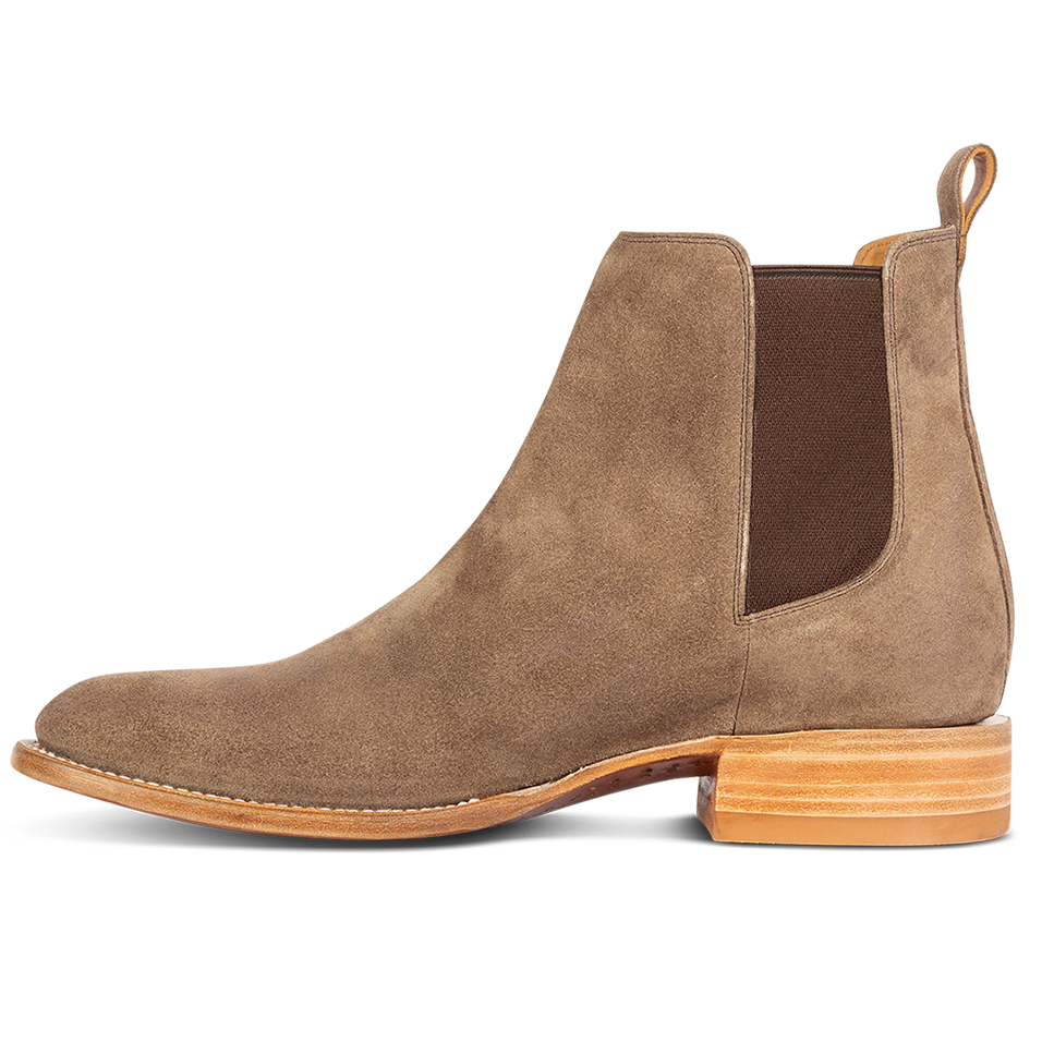 Inside view showing gore detailing on FREEBIRD men's Palmer  taupe suede low heeled ankle boot 