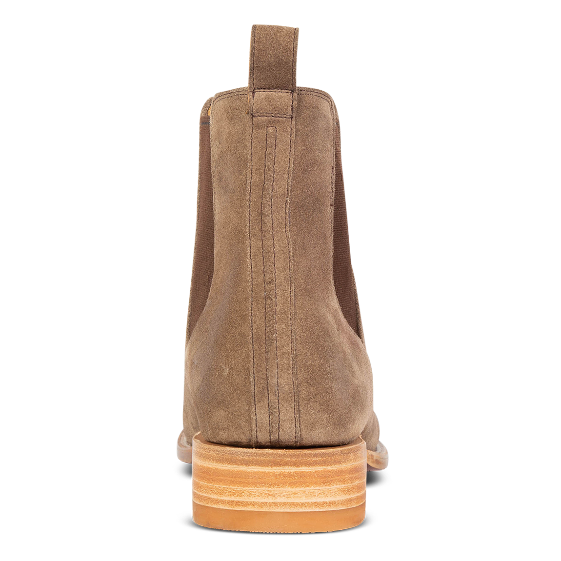 Back view showing stitch detailing and back suede pull strap on FREEBIRD men's Palmer taupe suede low heeled ankle boot 