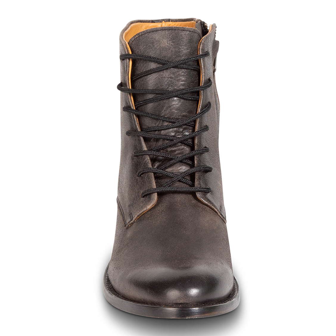 Front view showing lace up detailing on FREEBIRD men's Paxton black heeled ankle boot