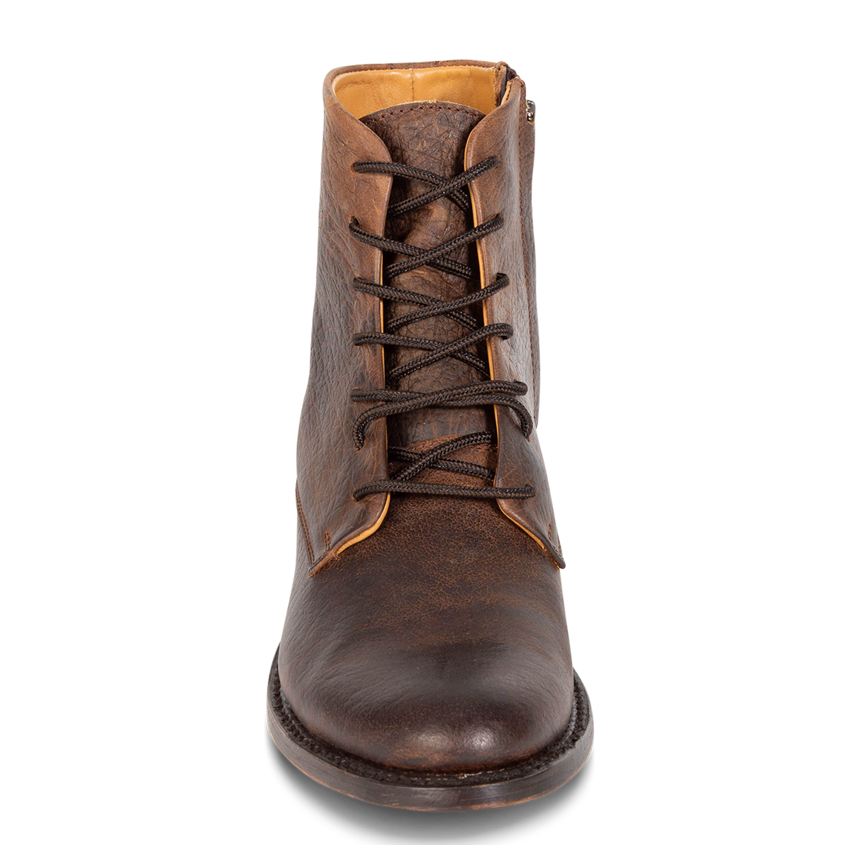 Front view showing lace up detailing on FREEBIRD men's Paxton brown heeled ankle boot