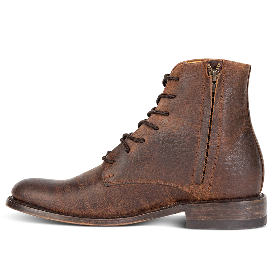 Inside view showing working zip closure, leather zipper cover, and stitch detailing on FREEBIRD men's Paxton brown ankle boot