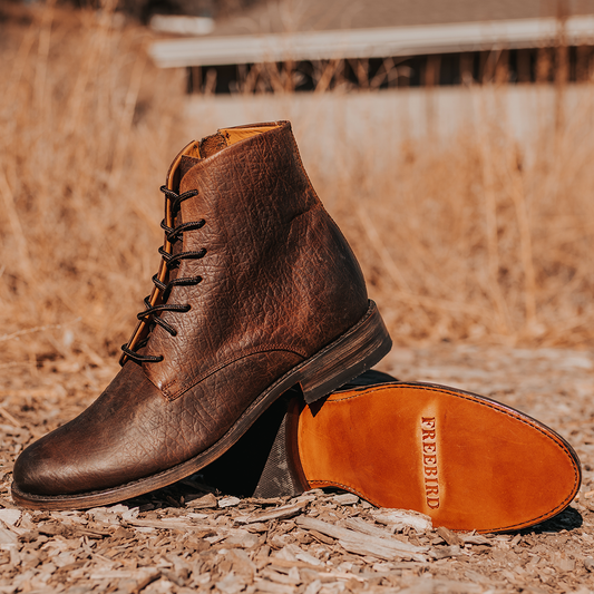 FREEBIRD men's Paxton brown featuring an inside zip closure, leather zipper cover and lace up detailing