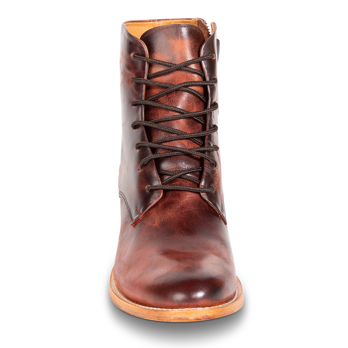 Front view showing lace up detailing on FREEBIRD men's Paxton cognac heeled ankle boot
