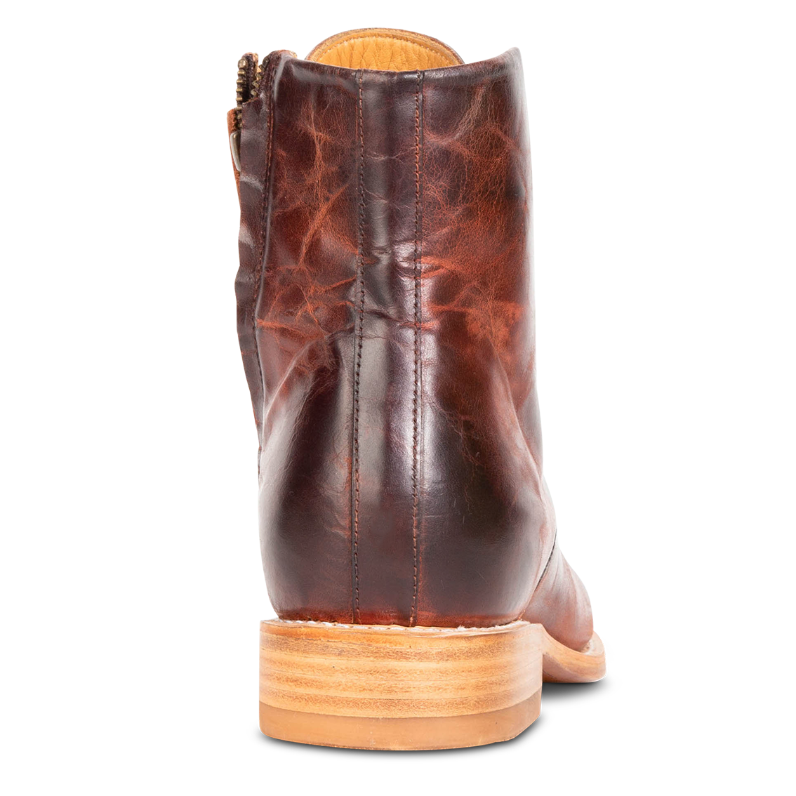 Back view showing low heel on FREEBIRD men's Paxton cognac ankle boot