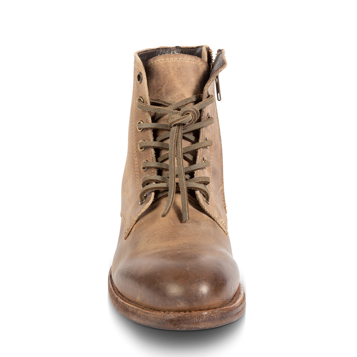 Front view showing adjustable leather laces on FREEBIRD men's Pendleton tan ankle boot