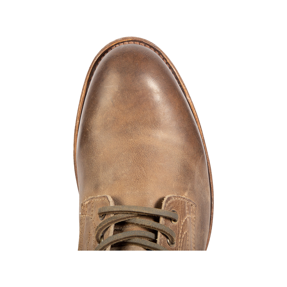 Top view showing almond toe and leather laces on FREEBIRD men's Pendleton tan ankle boot