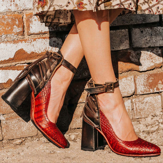 FREEBIRD women's Jillian red croco pointed toe open construction heeled shoe with detailed back lacing and adjustable ankle strap