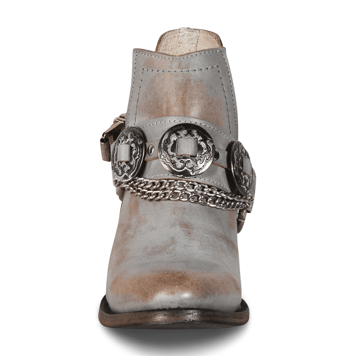 Front view showing western embellished ankle belt with silver hardware on FREEBIRD women's Mystic smoke bootie