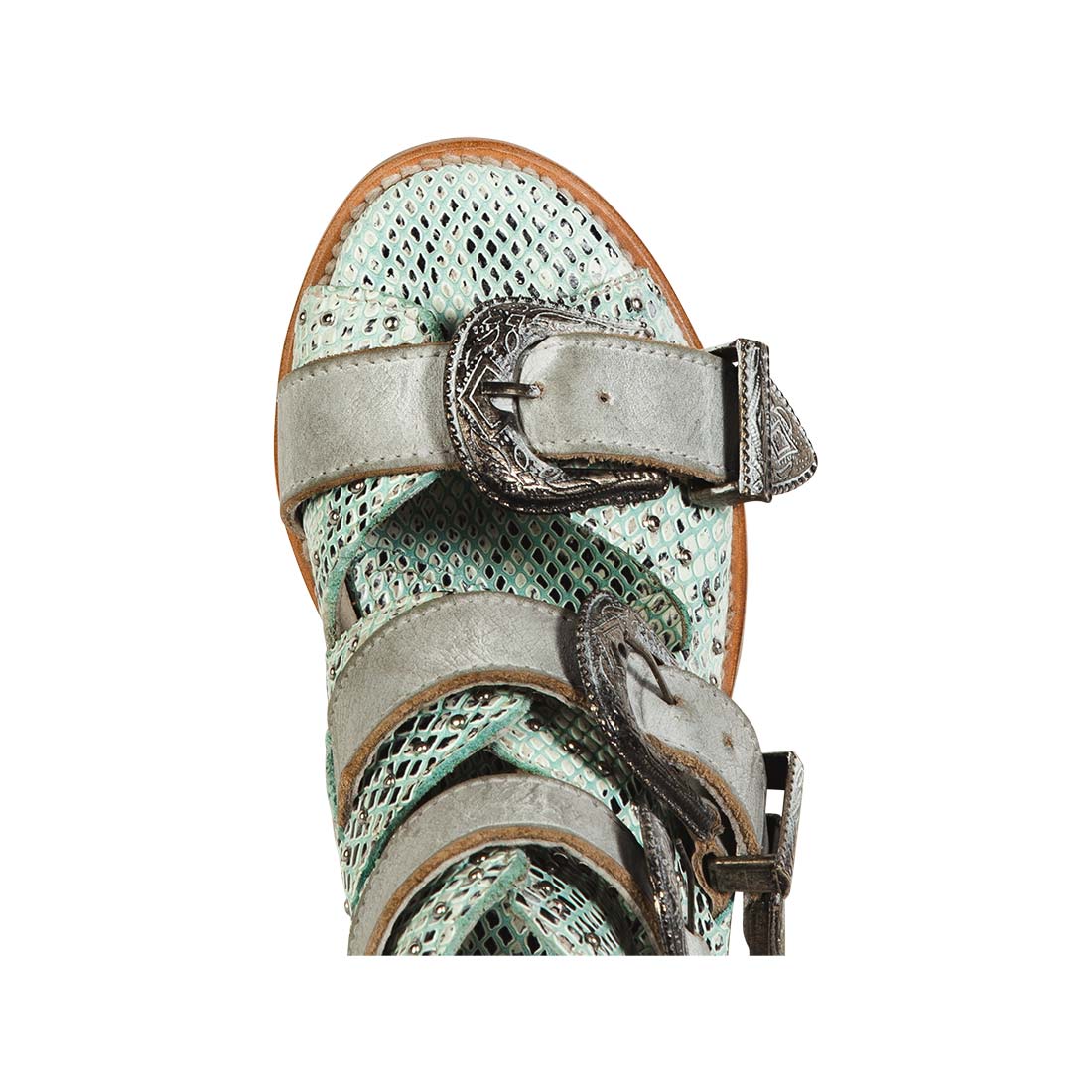 Top view showing open toe and engraved silver buckles on FREEBIRD women's Violet turquoise snake sandal