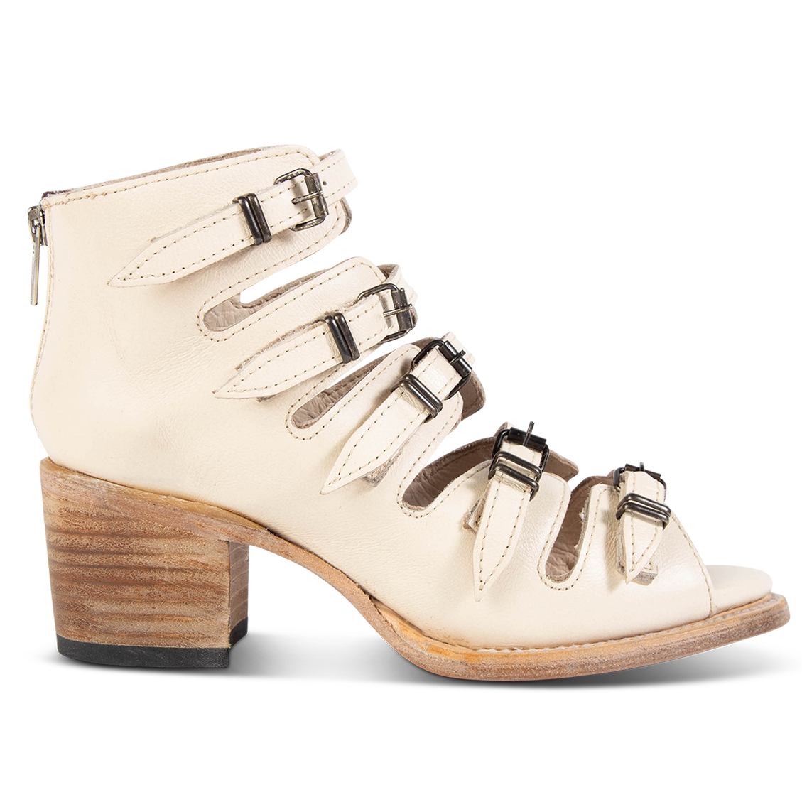 FREEBIRD women's Quinn beige sandal with straps, metal buckles and mid-heel