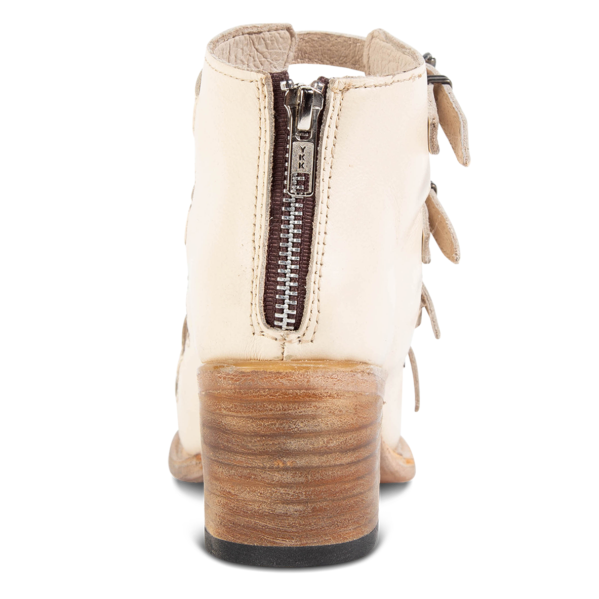 Back view showing working brass zip closure on FREEBIRD women's Quinn beige sandal
